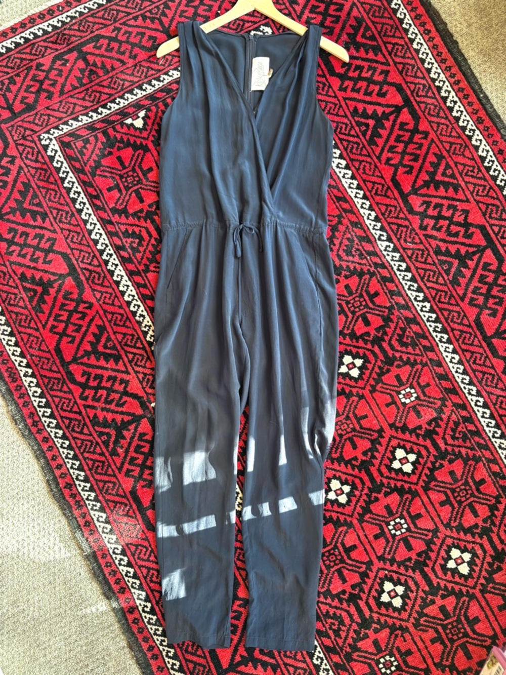 vtg navy silk jumpsuit - blue V-neck wrap by Rory Beca - S - EUC